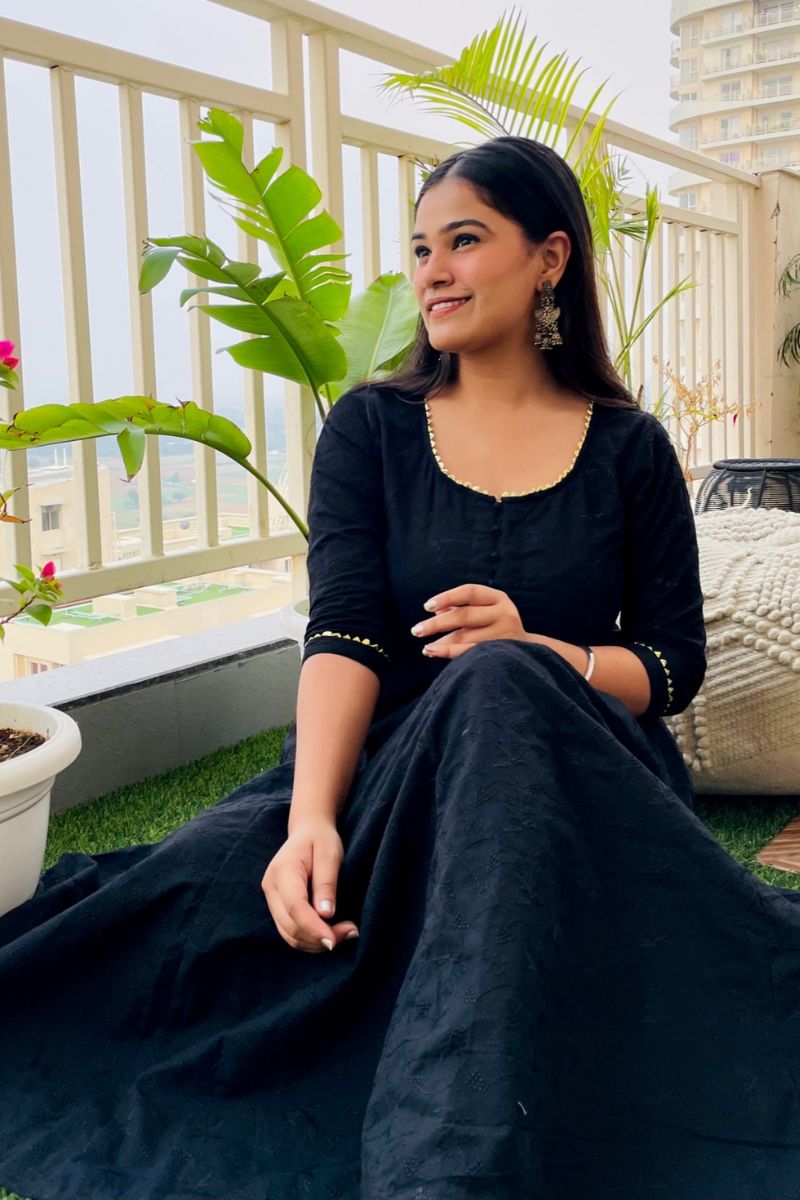 BLACK EMBROIDERED ANARKALI MAXI DRESS