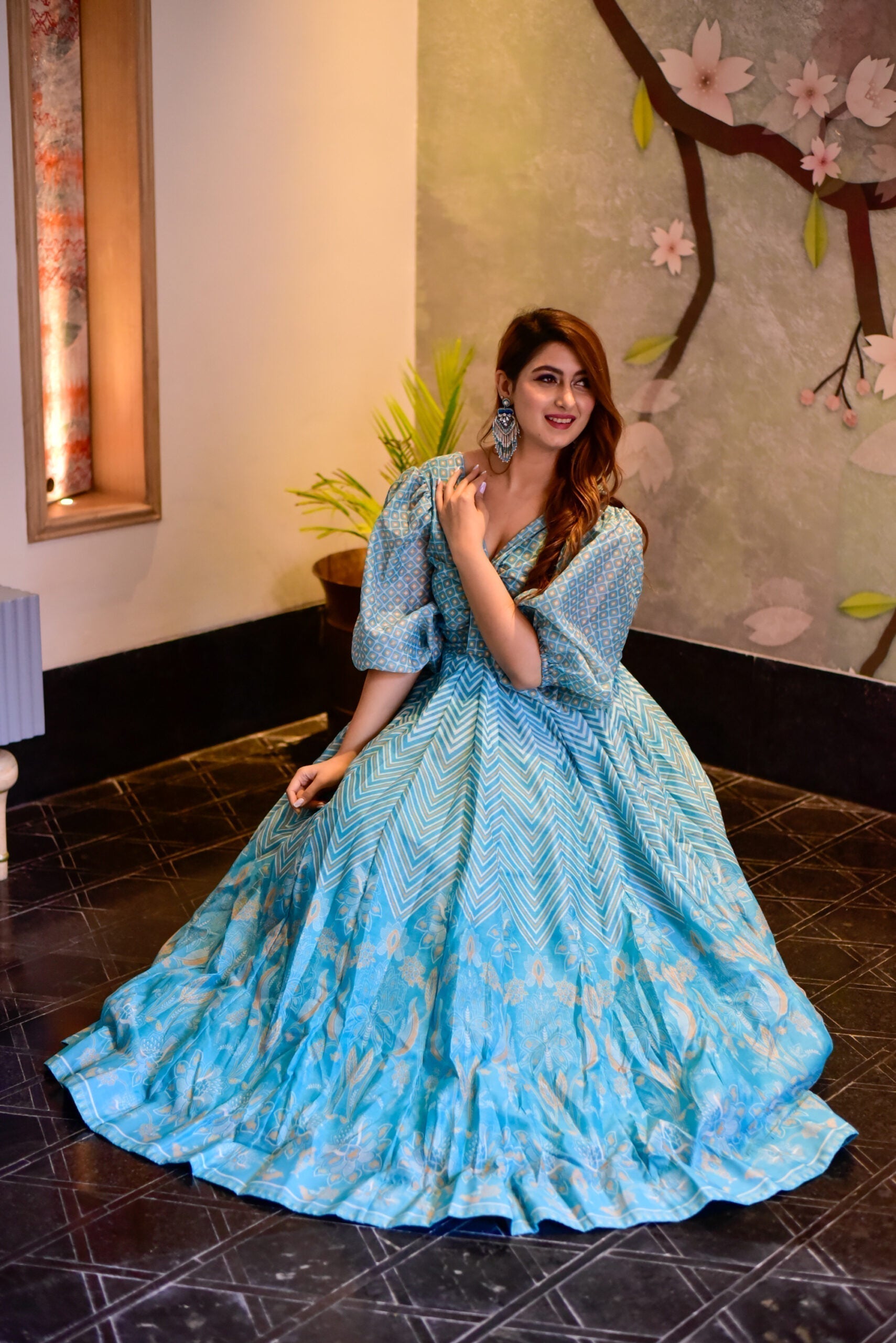 blue aura chanderi maxi set