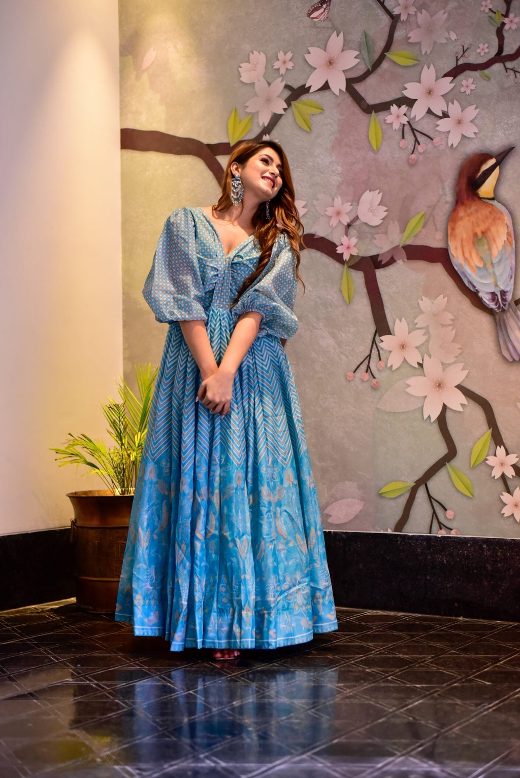 blue aura chanderi maxi set