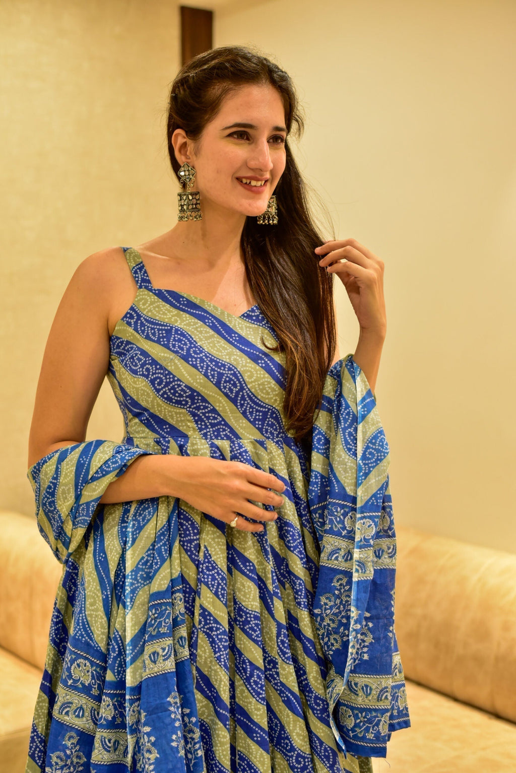 blue and grey linear cotton suit set