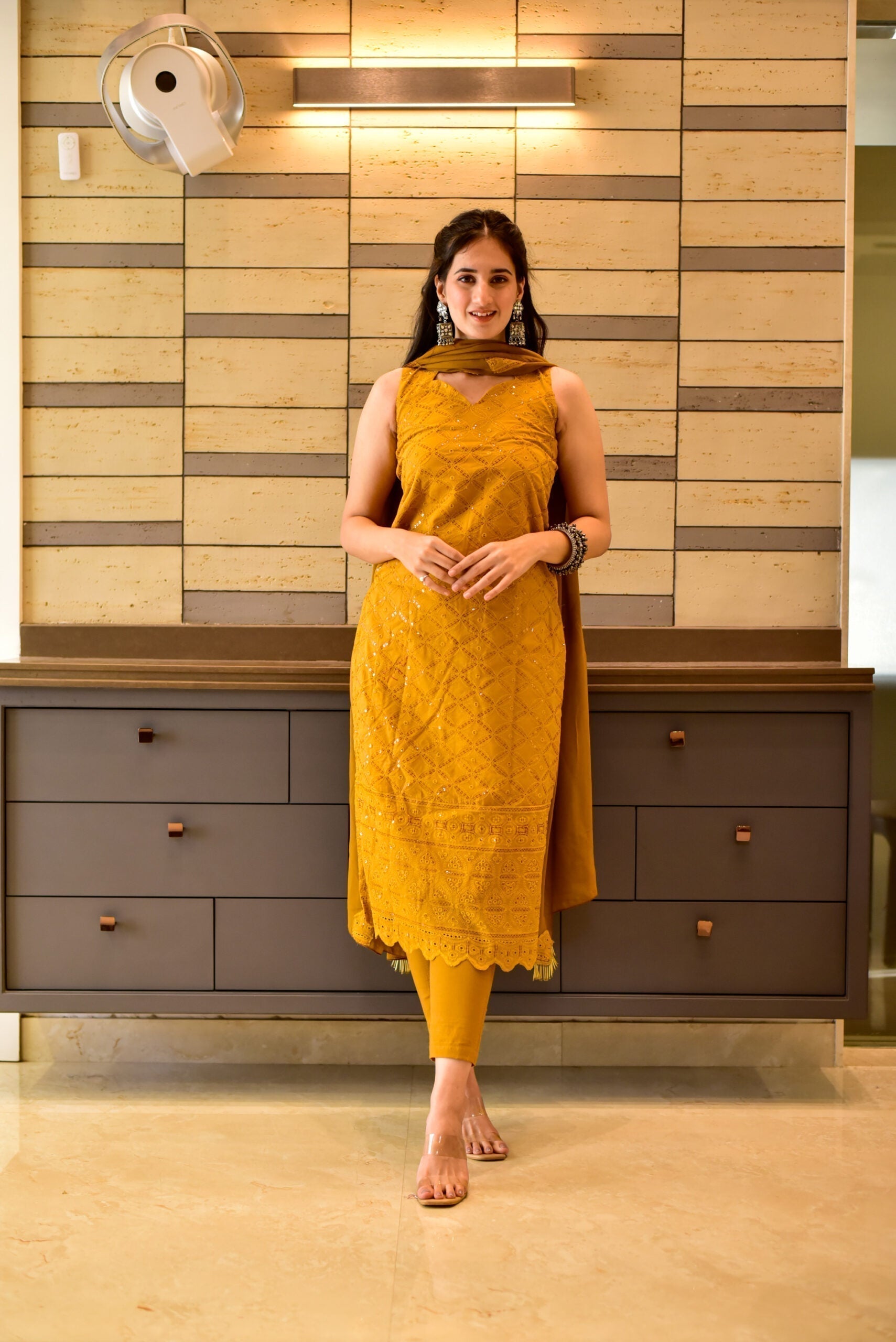 mustard chikankari kurta set