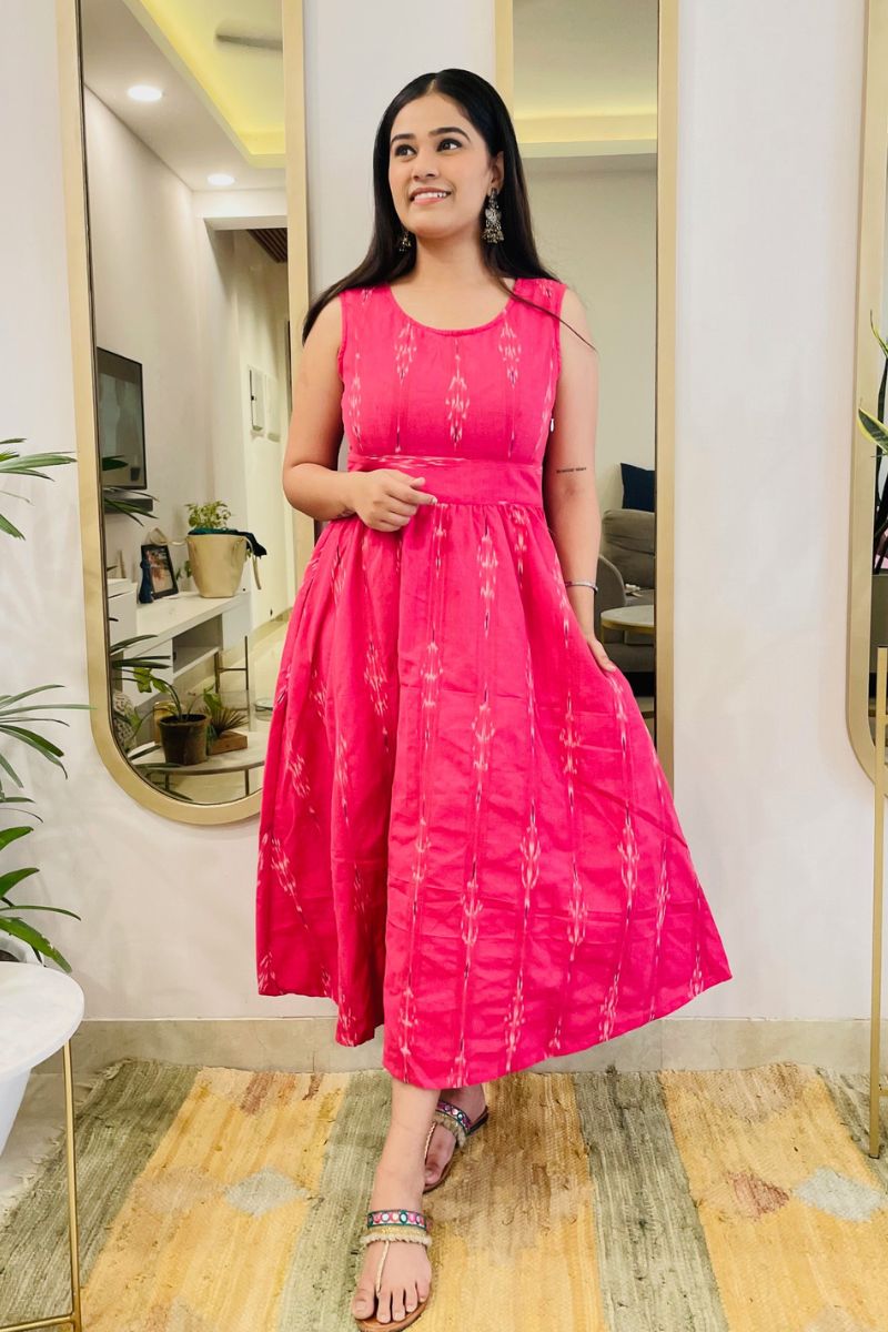 FUSCHIA IKAT BOW BACK FLARED DRESS