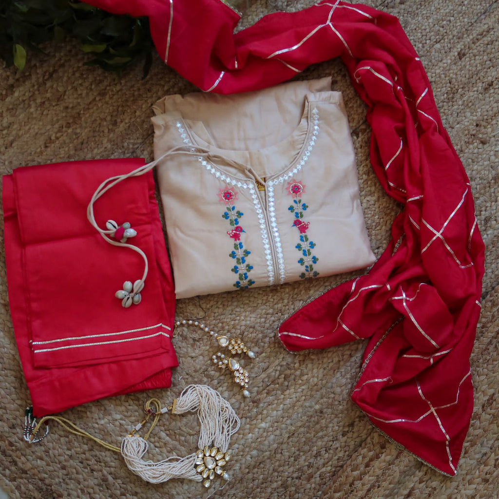 KesariyaVanity Beige Sea Shell Festive Ready Floral Suit Set - DEAL