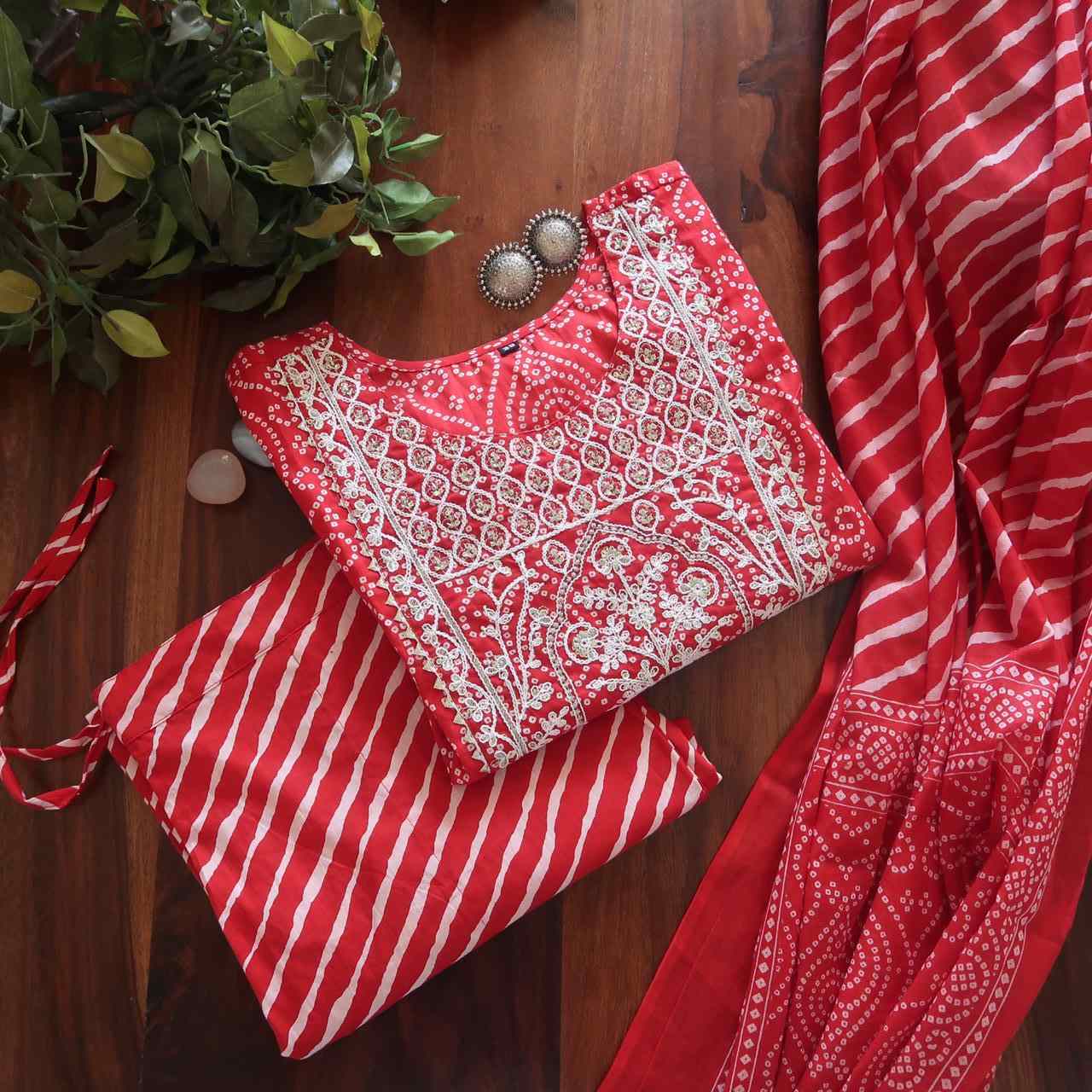 Ethnic Red Bandhej Leheriya Breathable Relaxing Fit Cotton Suit (3 piece)
