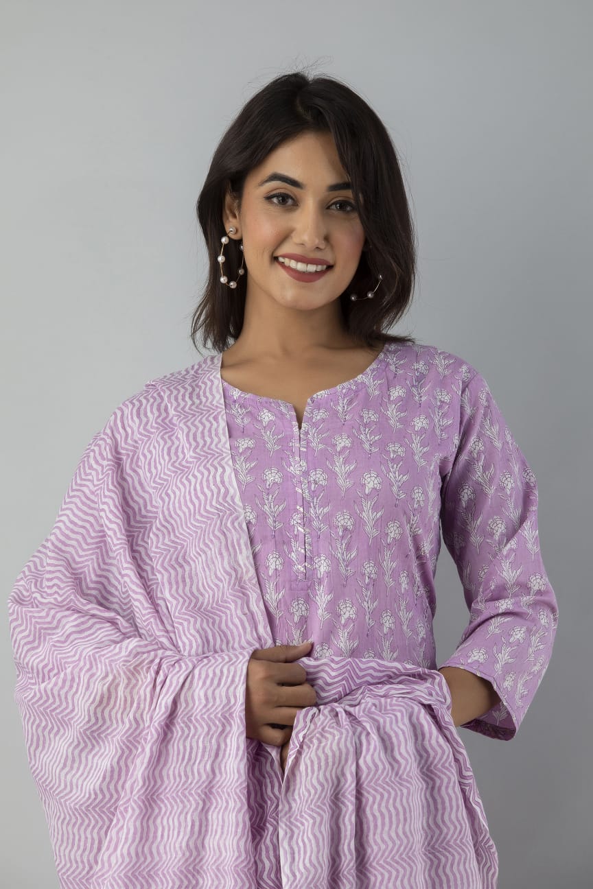 Floral Lilac Breathable Relaxing Fit Cotton Suit (3 piece)