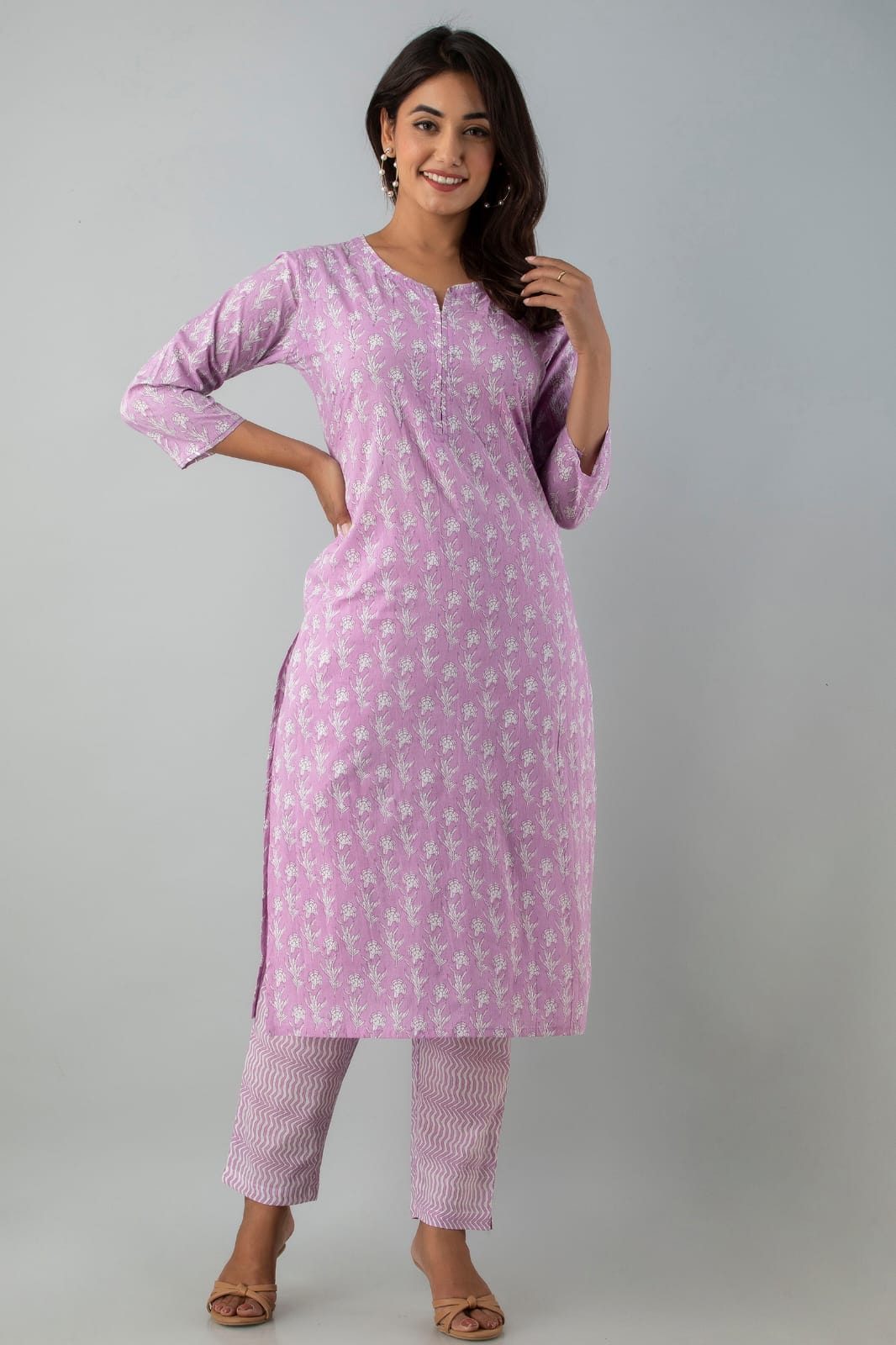 Floral Lilac Breathable Relaxing Fit Cotton Suit (3 piece)