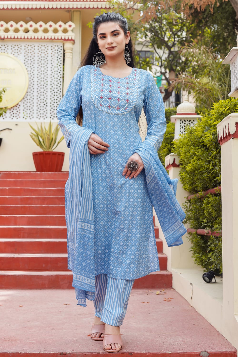 Powder Blue Breathable Relaxing Fit Cotton Suit (3 piece)