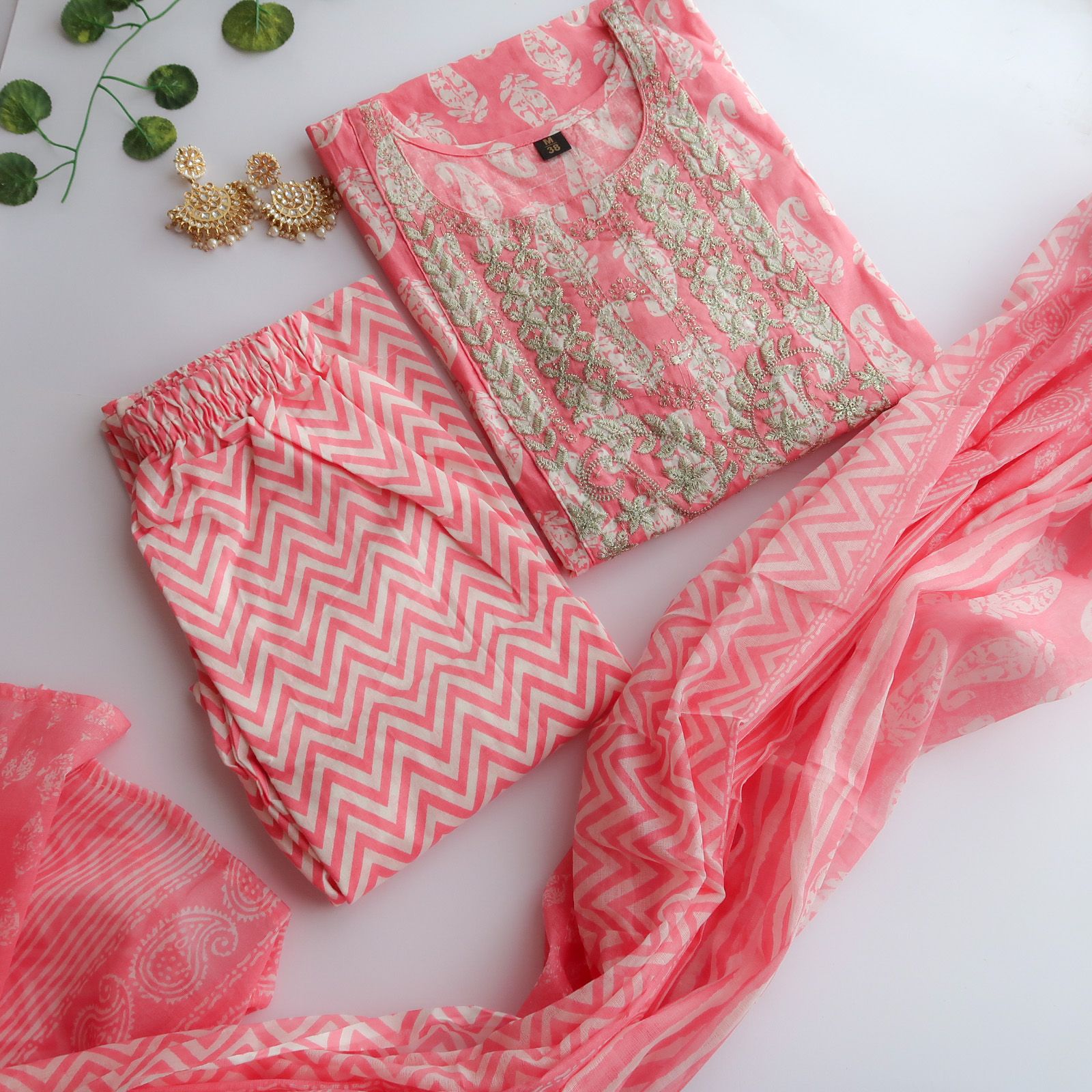 Pink White Zari work Slim Fit Suit