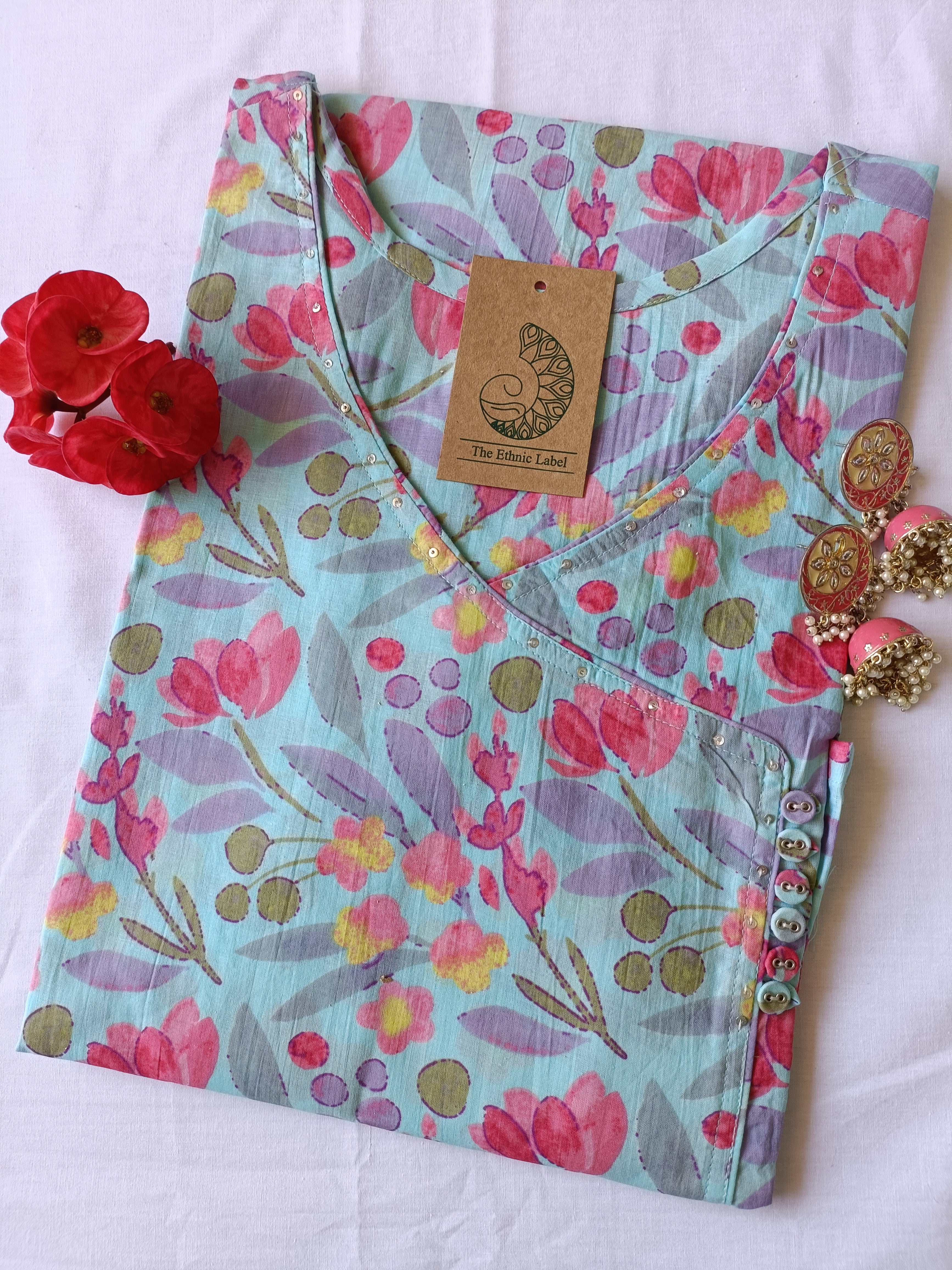 Blue Pink Jaal Angrakha Cotton Kurta