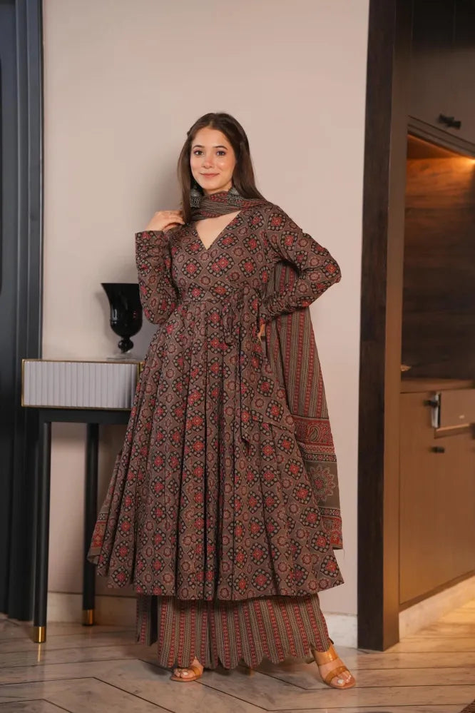 Brown ajrakh print cotton suit set