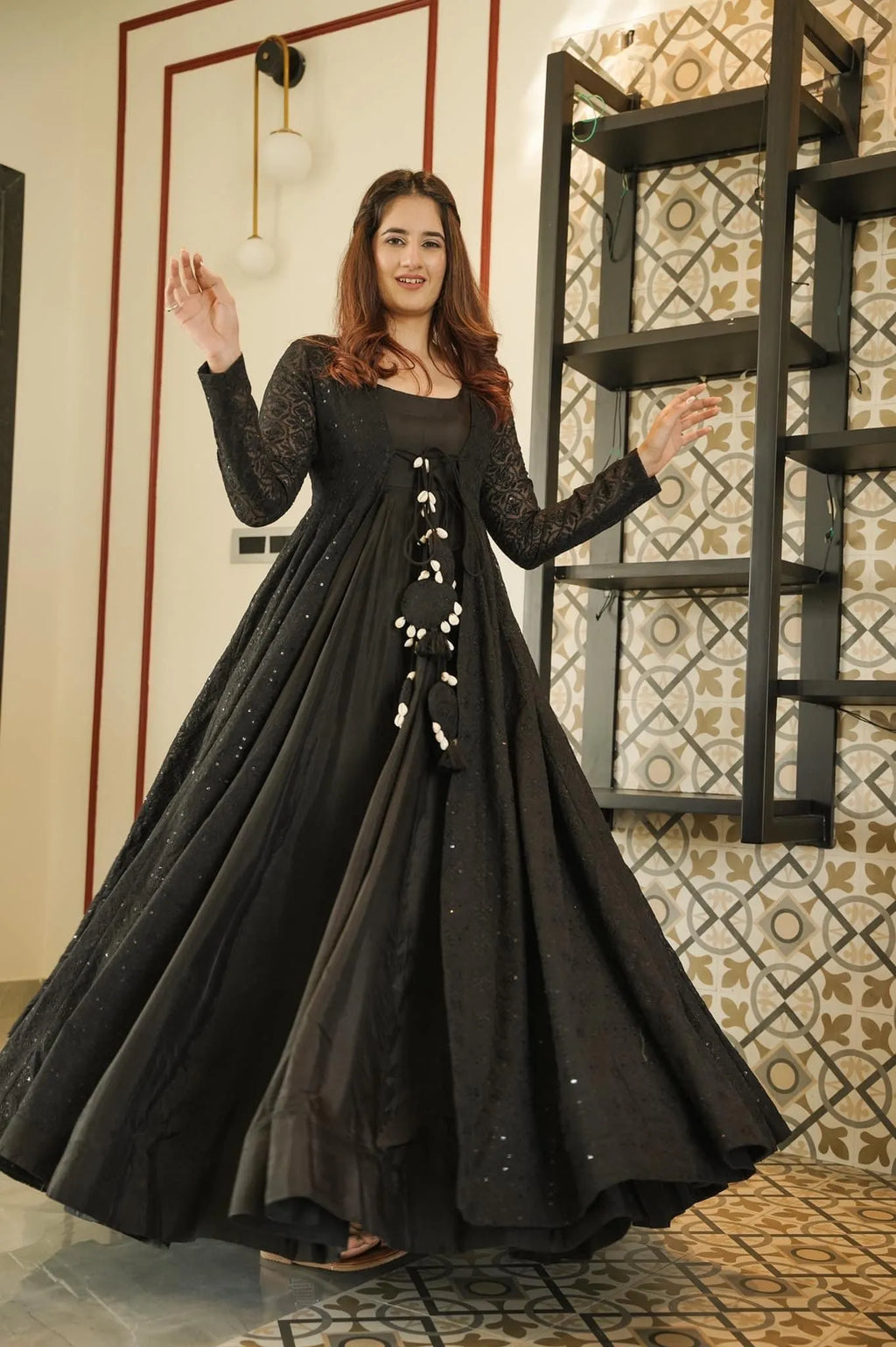 black embroidered shrug set