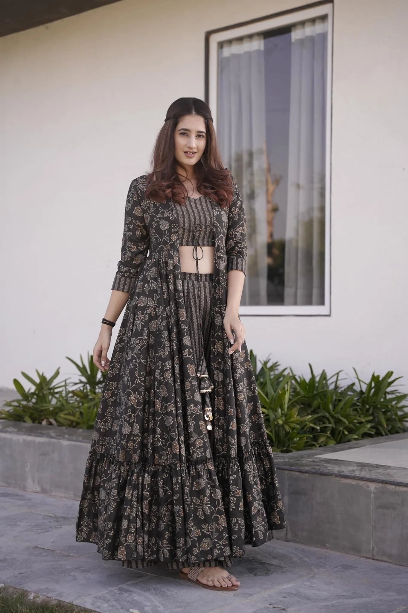 grey croptop palazzo with floral shrug set