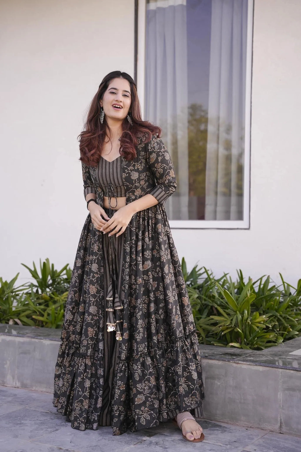 grey croptop palazzo with floral shrug set