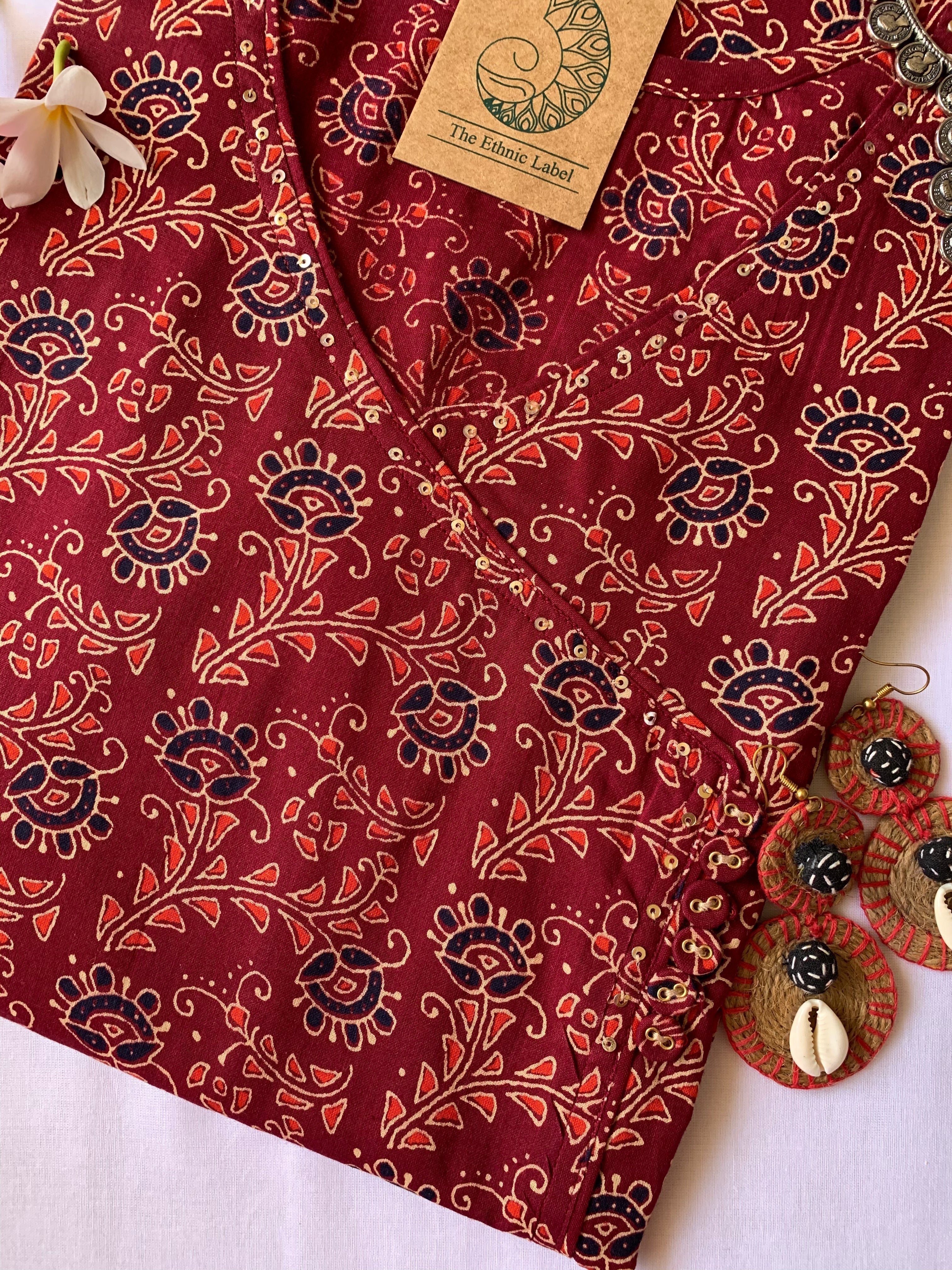 Hand Block Printed Maroon Ajrakh Angrakha Cotton Kurta - M