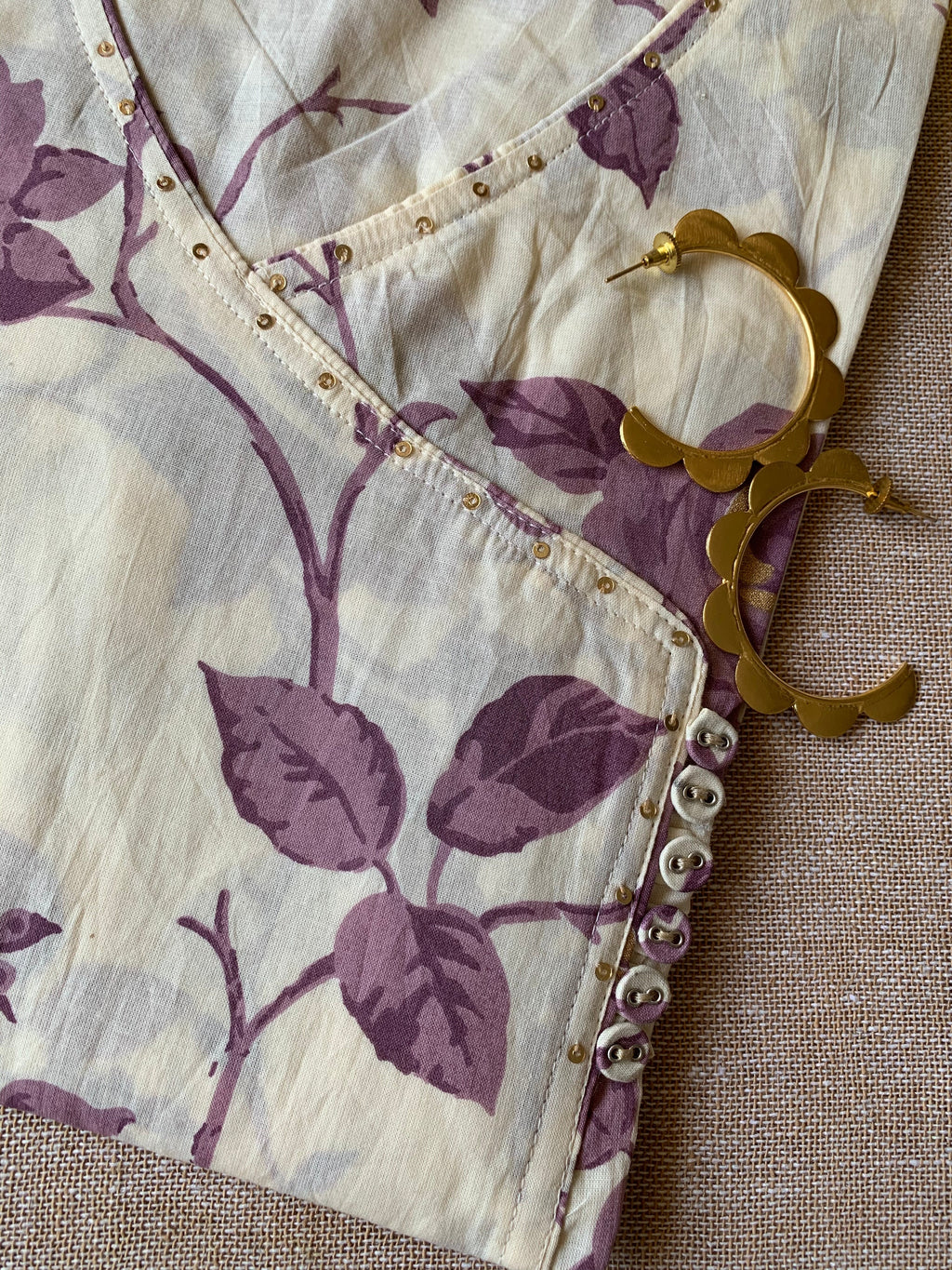 Cream Purple "Gold" Angrakha Cotton Kurta
