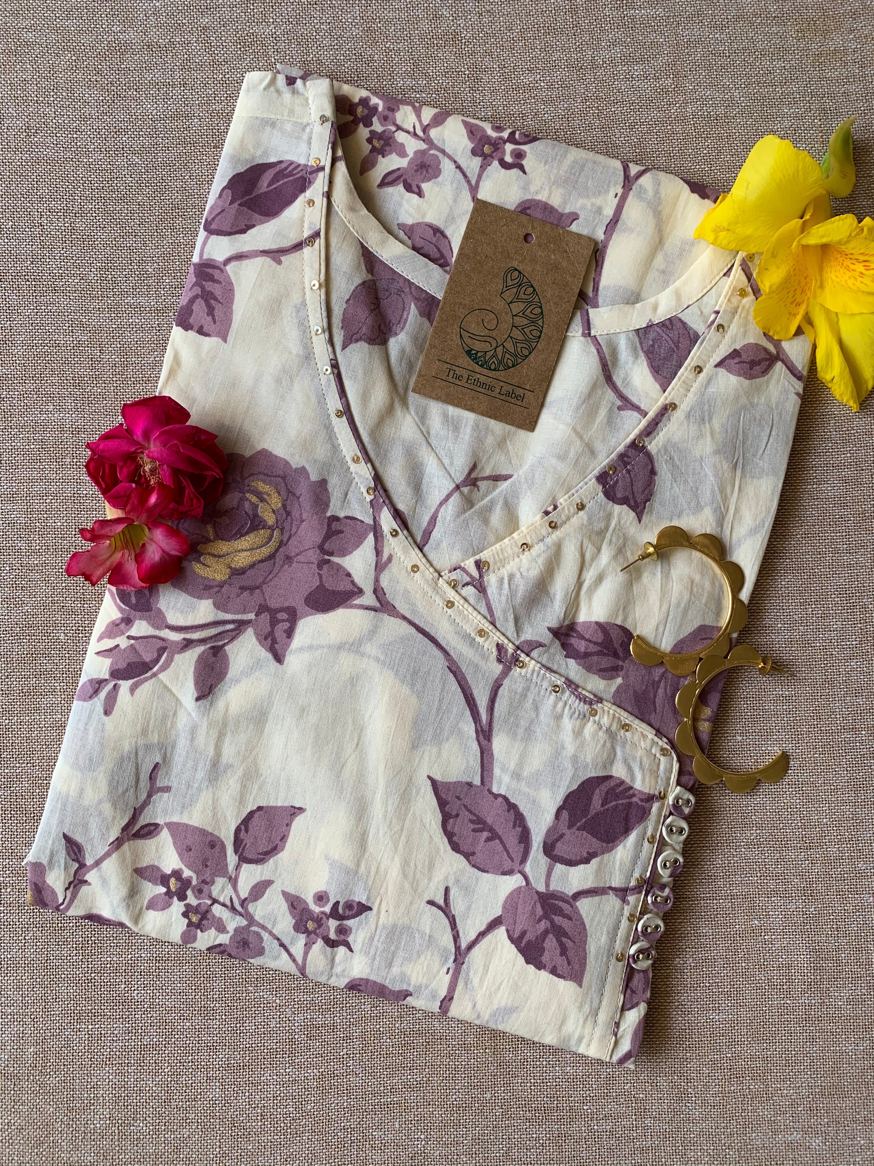 Cream Purple "Gold" Angrakha Cotton Kurta