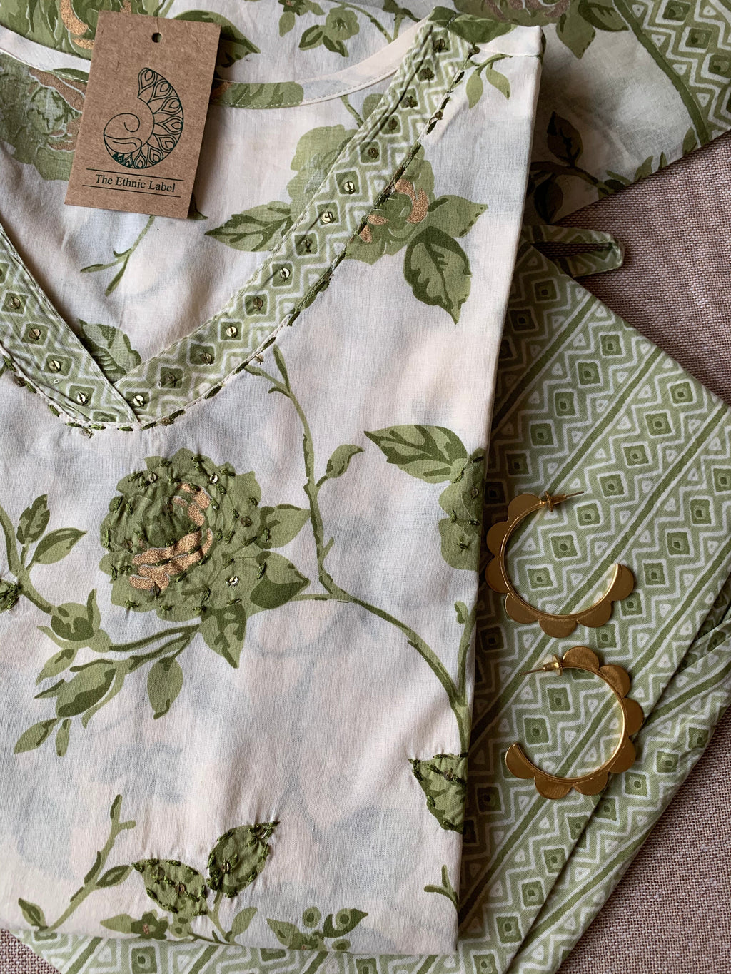 Cream Mehendi "Gold" Cotton Kurta Set with Dupatta - 3 pc