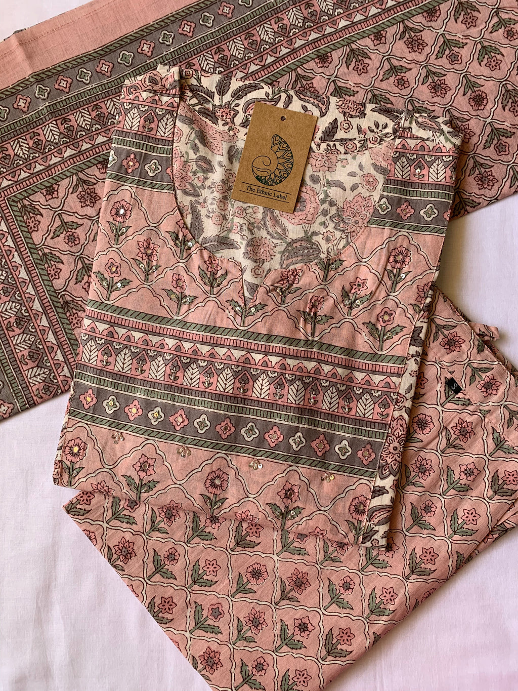 Peach Blossom Cotton Kurta Set - 3 pc - M
