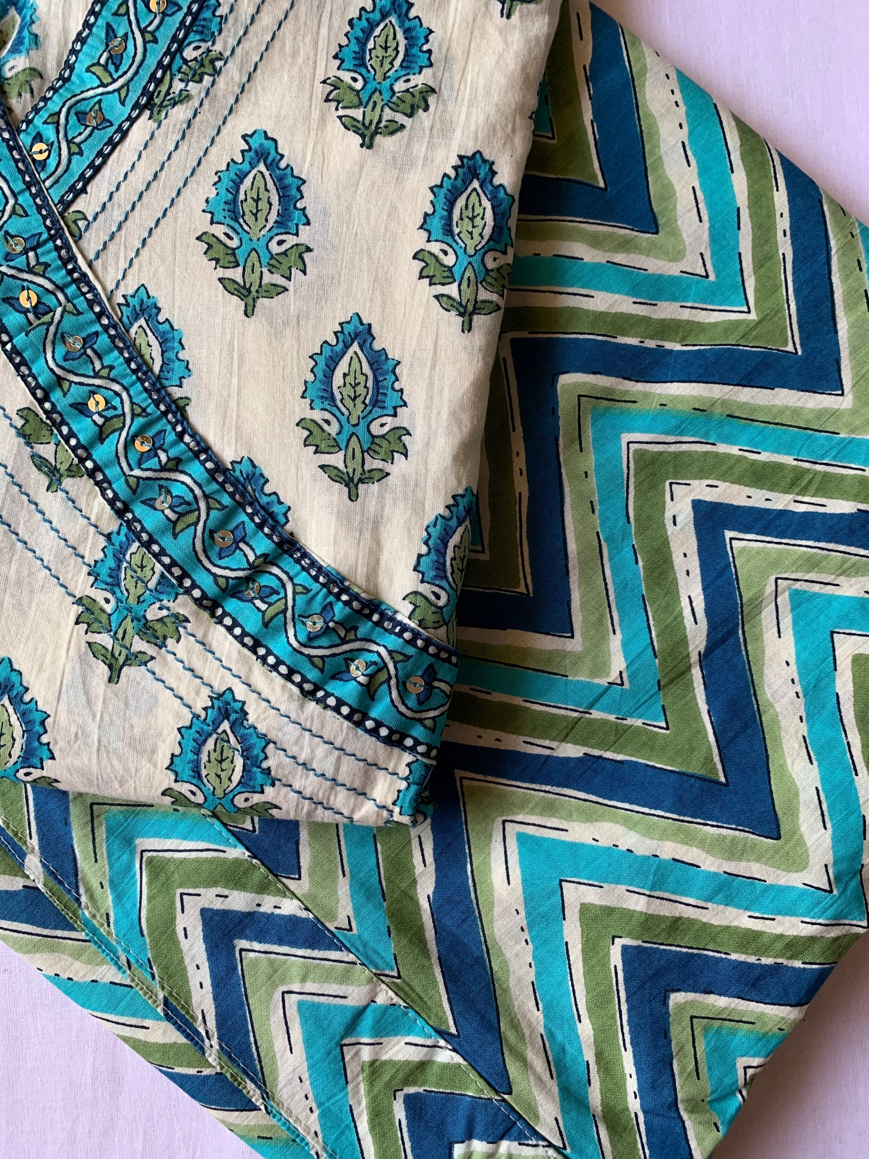 Firozi Boota Angrakha Cotton Kurta Set with dupatta - 3 pc