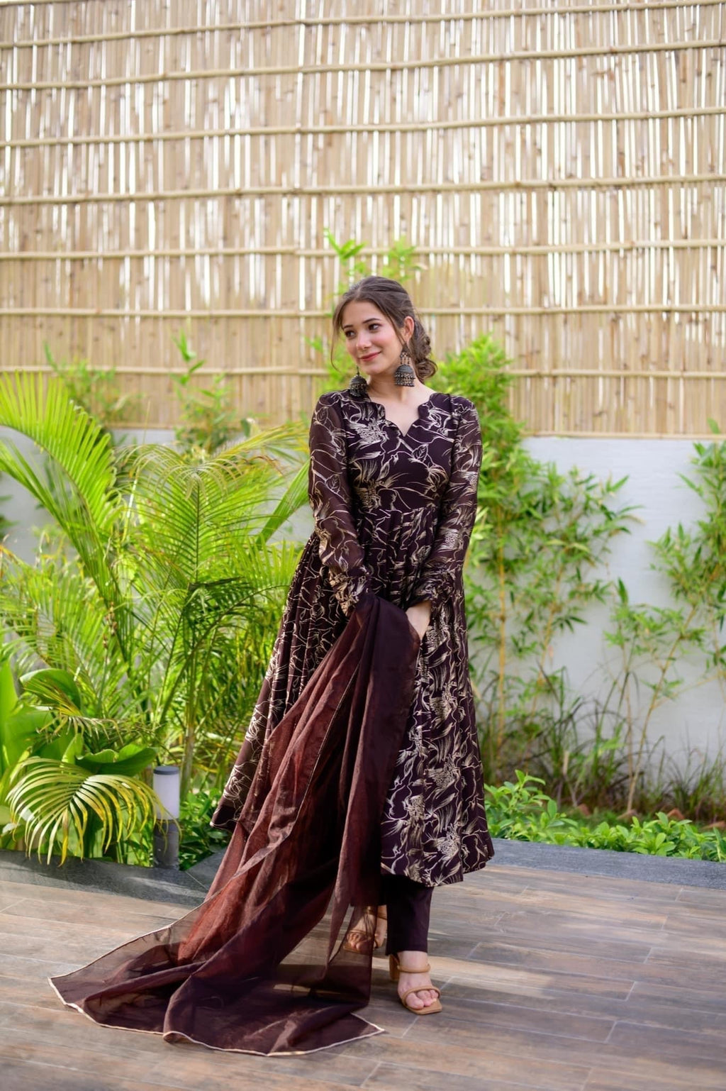 brown organza shimmer suit set