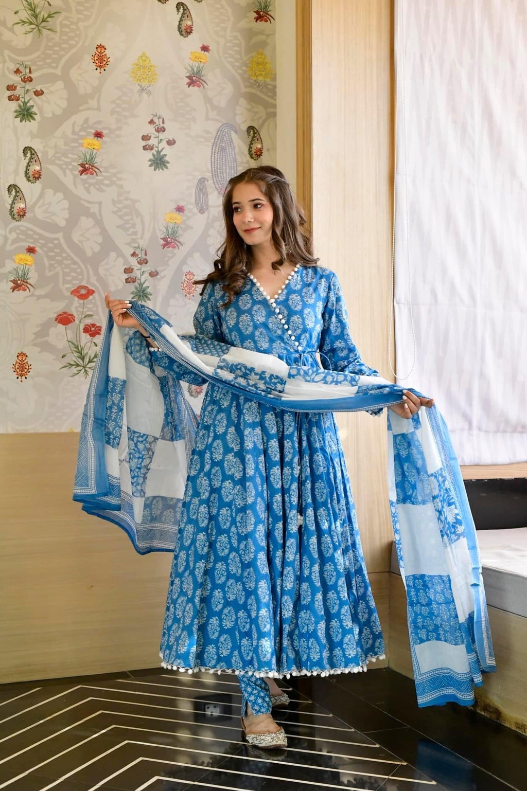 Blue floral pompom suit set