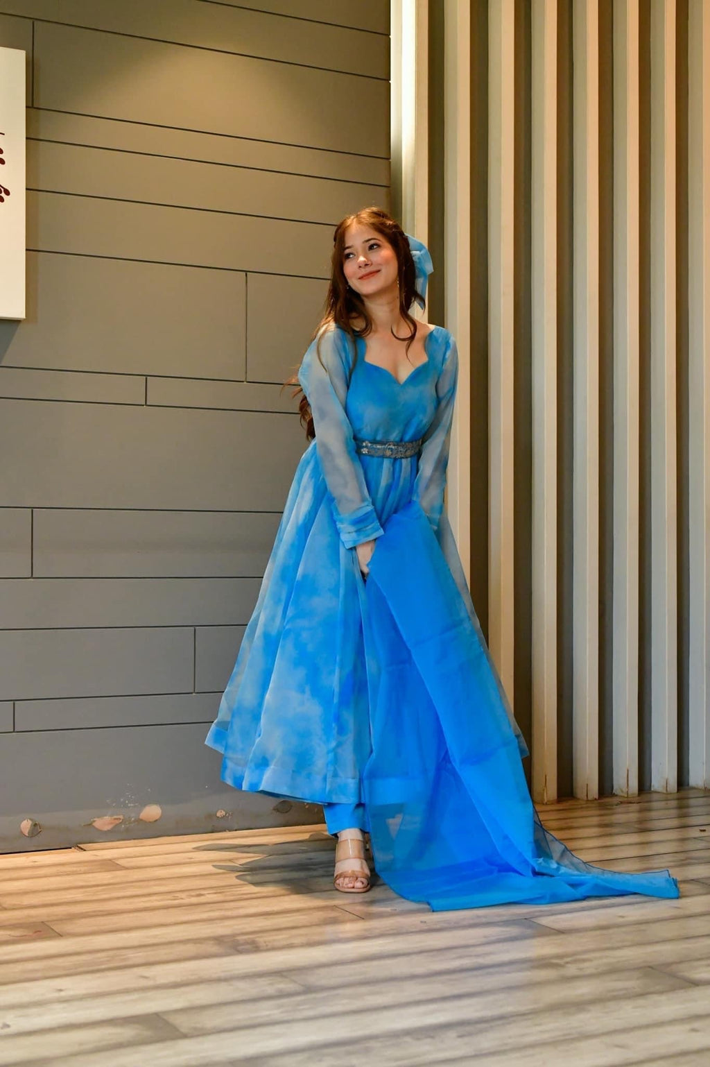 blue marble printed organza suit set