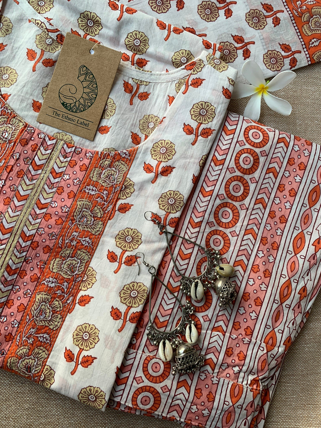 White Orange Block Print Cotton Suit Set