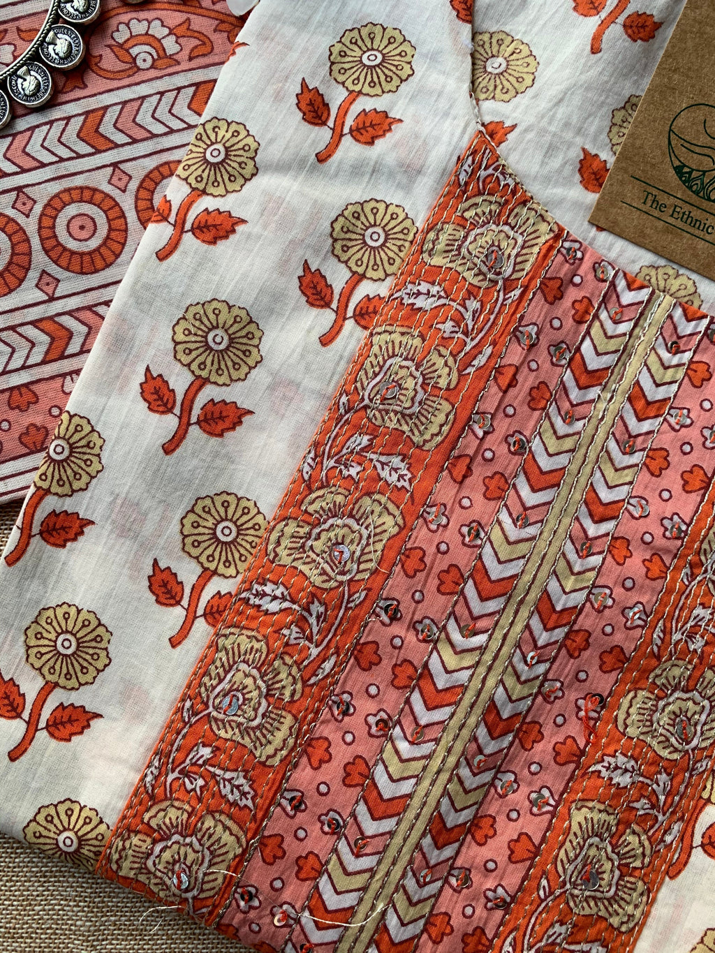 White Orange Block Print Cotton Suit Set