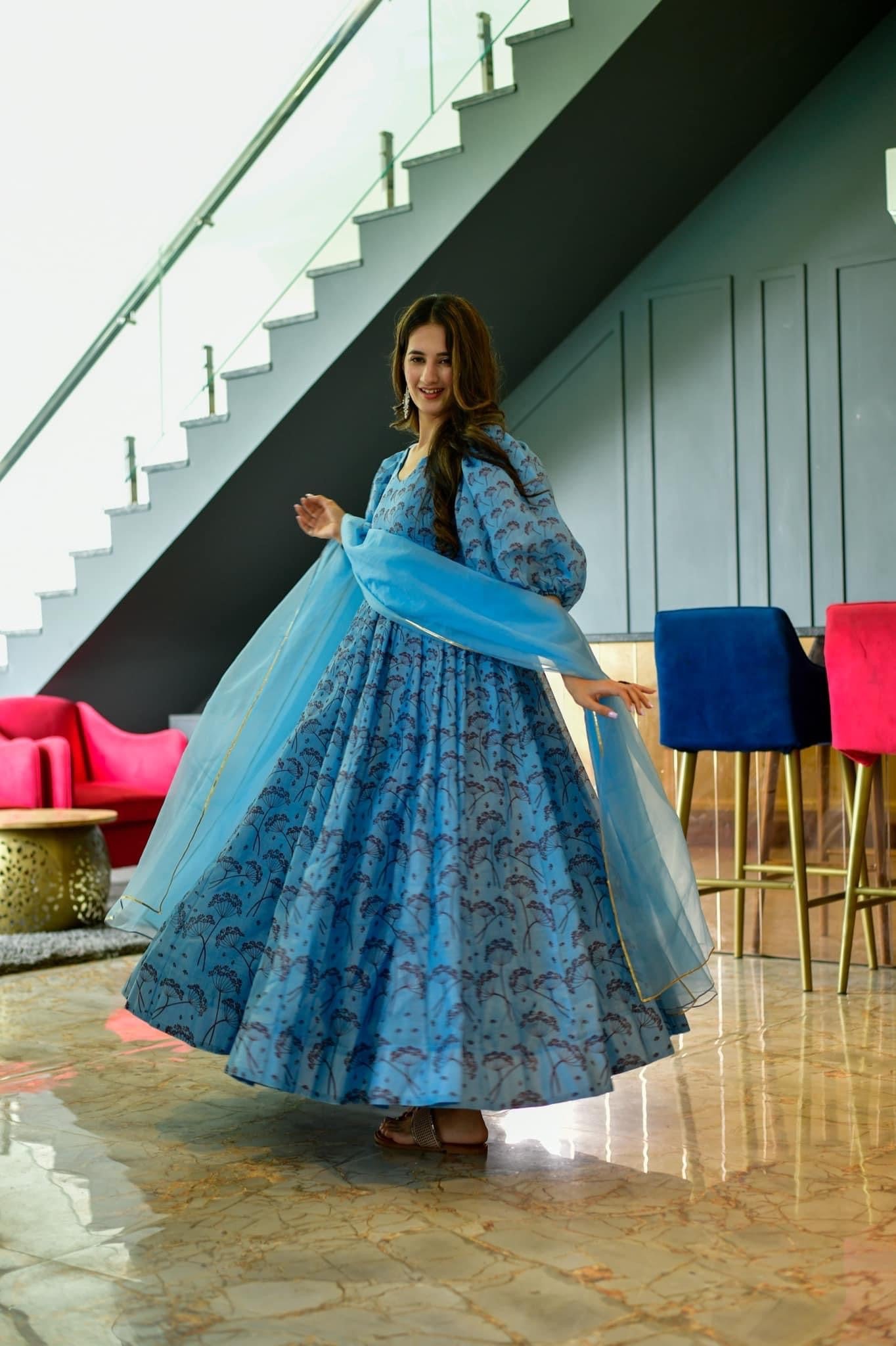 aqua floral chanderi maxi set