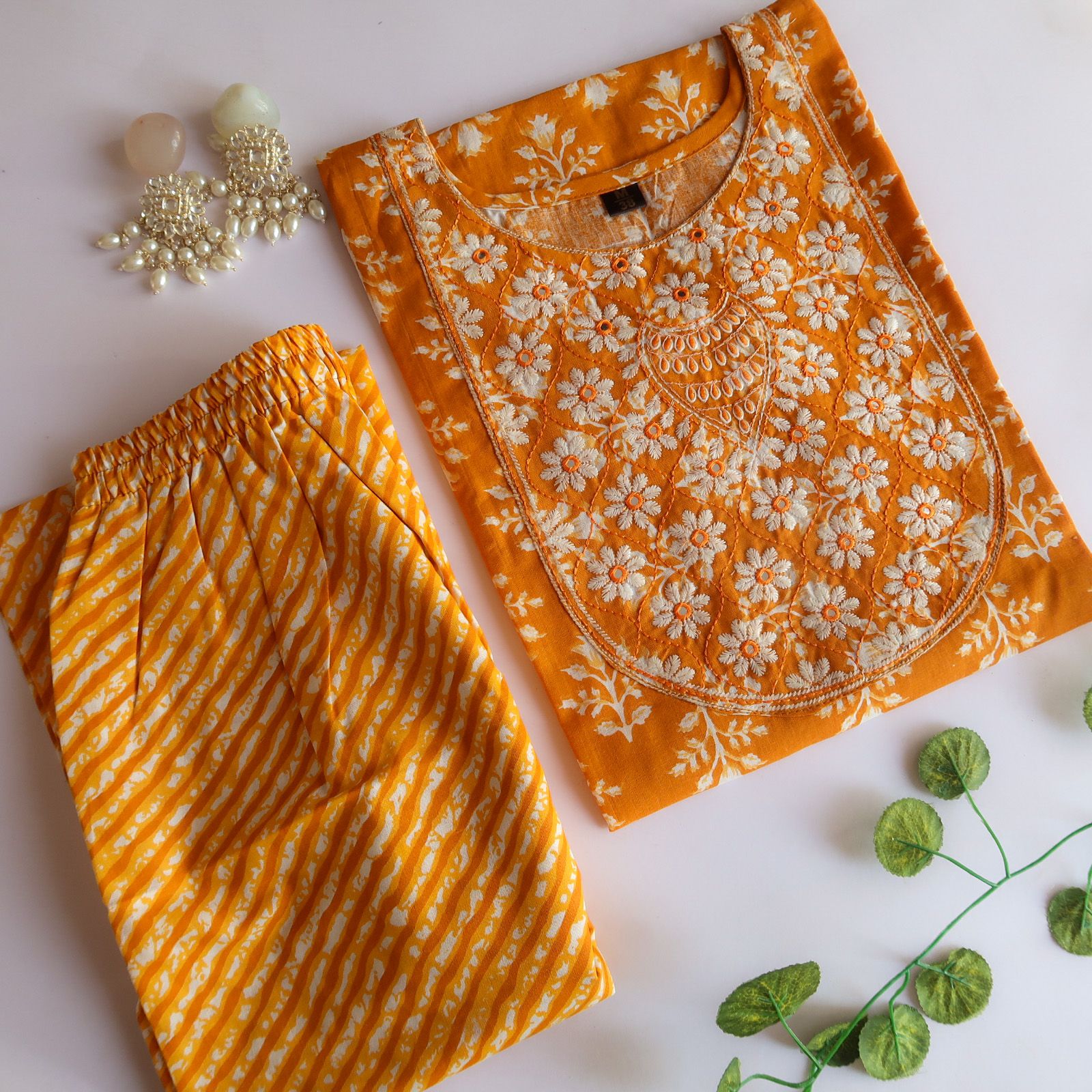 Mustard White flowers Slim Fit Suit Set