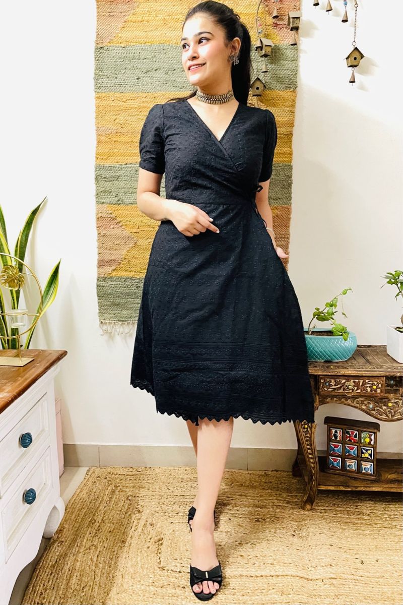 BLACK EMBROIDERED WRAP DRESS